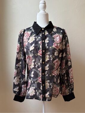 Sheer Floral Puff Sleeve Blouse Button Front Black Pink Large